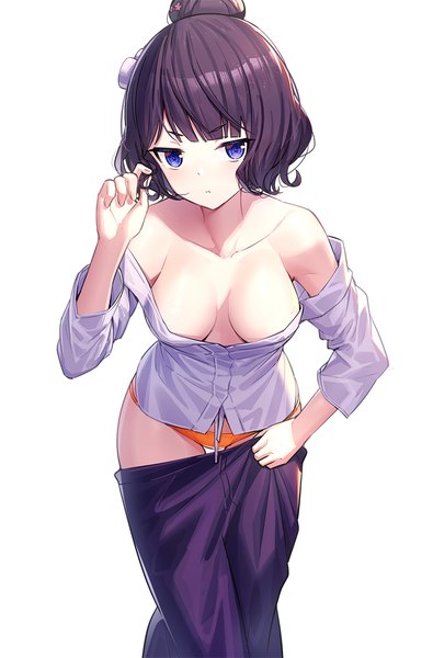 Anime picture 790x1200 with fate (series) fate/grand order katsushika hokusai (fate/grand order) ririko (zhuoyandesailaer) single tall image looking at viewer blush fringe short hair breasts blue eyes light erotic black hair simple background large breasts standing white background blunt bangs off shoulder