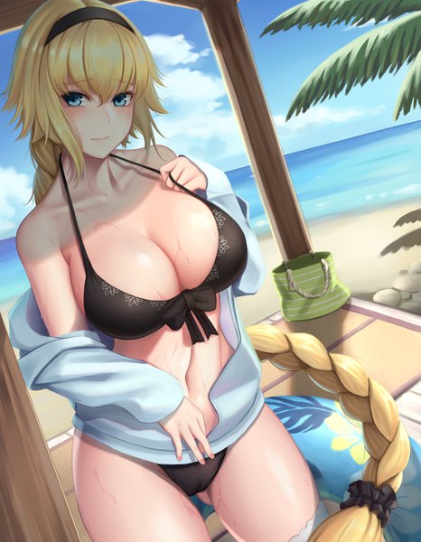 Anime picture 1400x1800 with fate (series) fate/grand order jeanne d'arc (fate) (all) jeanne d'arc (swimsuit archer) dydydyok single tall image looking at viewer blush fringe breasts blue eyes light erotic blonde hair hair between eyes large breasts sky cleavage cloud (clouds) outdoors
