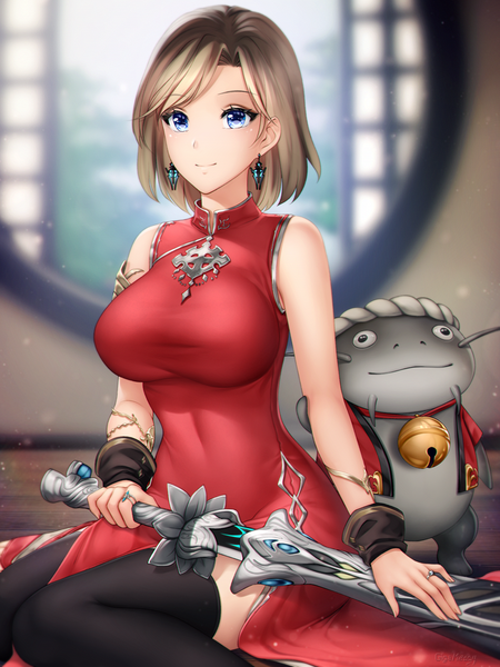 Anime picture 750x1000 with final fantasy final fantasy xiv square enix gigamessy single tall image looking at viewer blush fringe short hair breasts blue eyes smile brown hair large breasts sitting bare shoulders holding signed bent knee (knees)