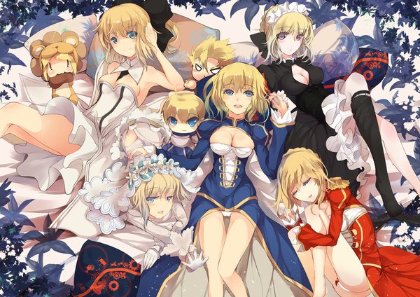 Anime picture 1190x842 with fate (series) fate/stay night fate/zero fate/extra fate/unlimited codes fate/hollow ataraxia studio deen type-moon artoria pendragon (all) saber nero claudius (fate) (all) saber alter nero claudius (fate) saber lily nero claudius (bride) (fate) rain lan long hair breasts blue eyes light erotic