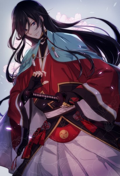 Anime picture 1100x1600 with touken ranbu nitroplus izuminokami kanesada onoco single long hair tall image looking at viewer blue eyes black hair smile standing holding braid (braids) traditional clothes japanese clothes lips wide sleeves single braid boy
