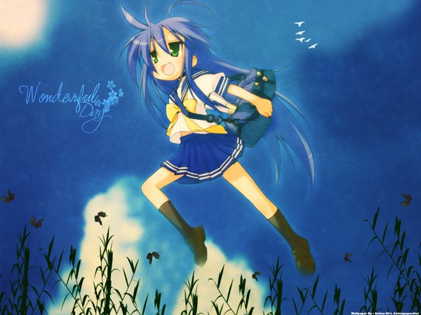 Anime picture 1600x1200 with lucky star toki wo kakeru shoujo kyoto animation madhouse izumi konata single long hair open mouth smile green eyes sky cloud (clouds) full body ahoge very long hair pleated skirt mole mole under eye third-party edit jumping