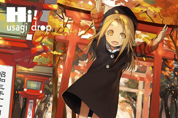 Anime picture 1000x666 with usagi drop production i.g kaga rin mzt (pixiv) single long hair open mouth blonde hair wind inscription arms up orange eyes striped girl dress plant (plants) tree (trees) black dress leaf (leaves) beret