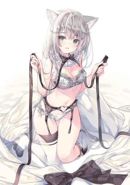 Anime picture 1357x1920 with original miwabe sakura single tall image looking at viewer blush fringe breasts open mouth light erotic simple background white background holding green eyes animal ears cleavage silver hair full body very long hair nail polish