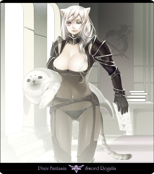 Anime picture 1000x1134 with original pixiv fantasia pixiv fantasia sword regalia nicole pmonachi single long hair tall image looking at viewer breasts light erotic red eyes animal ears cleavage silver hair one eye closed wink cat ears cat girl cat tail huge breasts