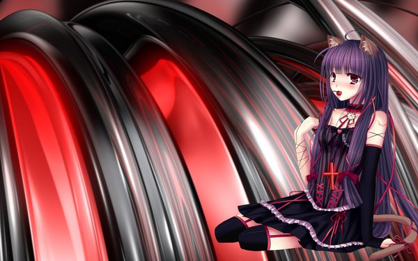 Anime picture 1680x1050 with single long hair blush wide image purple eyes animal ears cleavage purple hair ahoge tail cat ears cat girl abstract girl detached sleeves food collar berry (berries) cherry