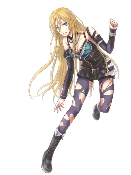 Anime picture 1500x1999 with vocaloid lily (vocaloid) hitoha single long hair tall image fringe breasts blue eyes blonde hair smile cleavage nail polish fingernails alternate costume transparent background torn pantyhose girl detached sleeves pantyhose