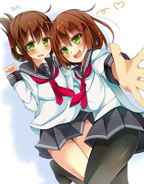 Anime picture 784x1000 with kantai collection inazuma destroyer ikazuchi destroyer yahiro (anhnw) tall image looking at viewer blush short hair open mouth brown hair multiple girls green eyes girl skirt 2 girls pantyhose socks serafuku black socks sailor suit