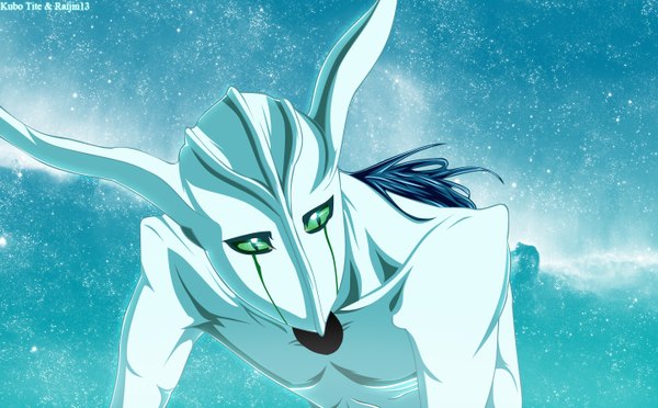 Anime picture 1440x894 with bleach studio pierrot ulquiorra schiffer raijin13 single long hair wide image green eyes blue hair horn (horns) night sky coloring espada boy armor star (stars) helmet