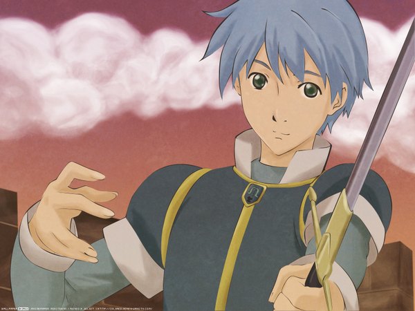 Anime picture 1600x1200 with romeo x juliet gonzo romeo candore de montague k1ru harada hiroki single looking at viewer fringe holding green eyes sky cloud (clouds) upper body light smile outstretched hand third-party edit red sky boy weapon sword