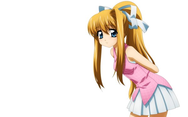 Anime picture 1680x1050 with air key (studio) kamio misuzu single long hair looking at viewer fringe blue eyes blonde hair hair between eyes wide image white background payot ponytail pleated skirt leaning hands behind back girl skirt ribbon (ribbons)