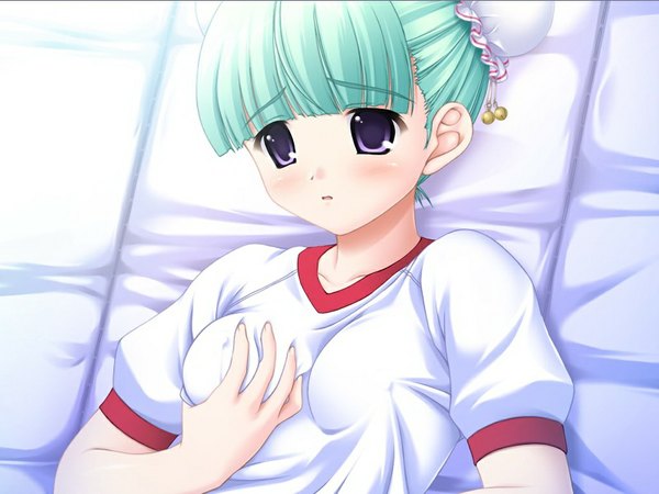 Anime picture 1024x768 with imouto bloomer 2 (game) light erotic purple eyes game cg green hair breast grab girl uniform gym uniform