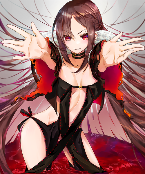 Anime picture 1000x1200 with fate (series) fate/grand order yu mei-ren (fate) rubysp 720 single tall image looking at viewer blush fringe breasts light erotic smile hair between eyes red eyes brown hair standing signed payot very long hair wide sleeves