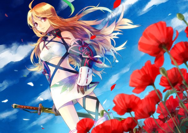 Anime picture 1200x850 with tales of (series) tales of xillia milla maxwell single long hair blonde hair red eyes bare shoulders sky cloud (clouds) girl flower (flowers) petals sword poppy