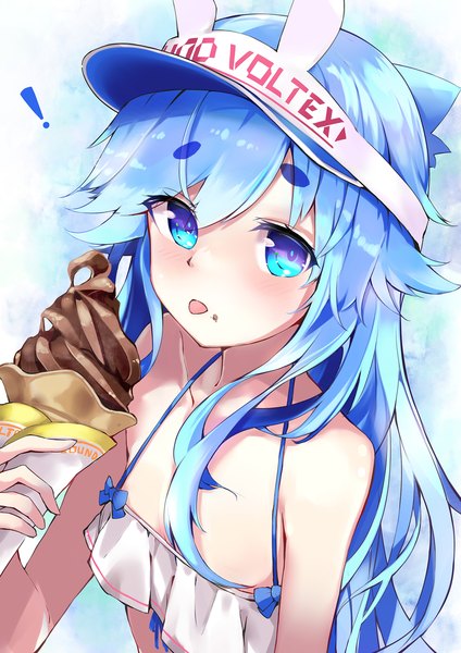 Anime picture 1200x1697 with sound voltex bemani noah (sound voltex) kie (yospcd) single long hair tall image looking at viewer fringe blue eyes light erotic hair between eyes blue hair from above eyebrows :p food on face ! girl swimsuit