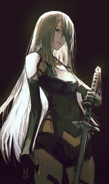 Anime picture 2374x3989 with nier nier:automata yorha type a no. 2 karasuro single long hair tall image looking at viewer fringe highres simple background standing grey hair black eyes hair over one eye from below covered navel black background girl gloves