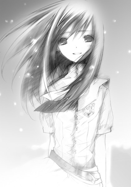 Anime picture 1126x1600 with tasogareiro no uta tsukai evhemary takeoka miho single long hair tall image looking at viewer fringe simple background smile hair between eyes upper body scan grey background official art sparkle short sleeves tears gradient background floating hair