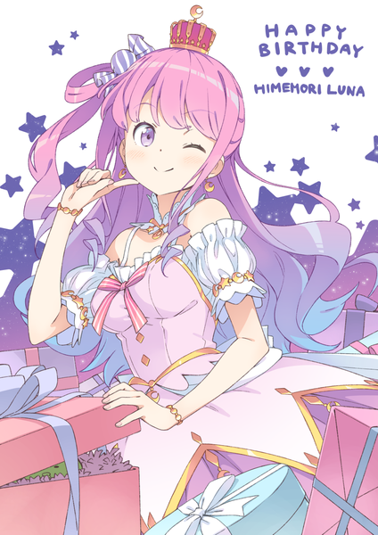 Anime-Bild 955x1351 mit virtual youtuber hololive himemori luna himemori luna (1st costume) kanzaki hiro single long hair tall image smile purple eyes bare shoulders pink hair one eye closed wink character names one side up gradient hair happy birthday girl earrings