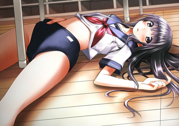 Anime picture 1000x707 with original alric (mu-h) single long hair blush black hair lying black eyes girl serafuku buruma