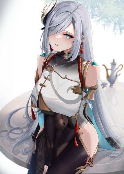 Anime picture 2083x2923 with genshin impact shenhe (genshin impact) yamikyon single long hair tall image looking at viewer fringe highres breasts blue eyes light erotic sitting silver hair parted lips hair over one eye covered navel between thighs girl hair ornament