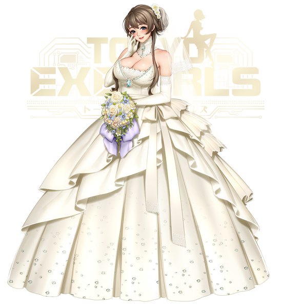 Anime picture 1104x1200 with tokyo exe girls masami chie single long hair tall image breasts blue eyes light erotic brown hair large breasts bare shoulders cleavage copyright name girl dress gloves flower (flowers) elbow gloves white gloves bouquet