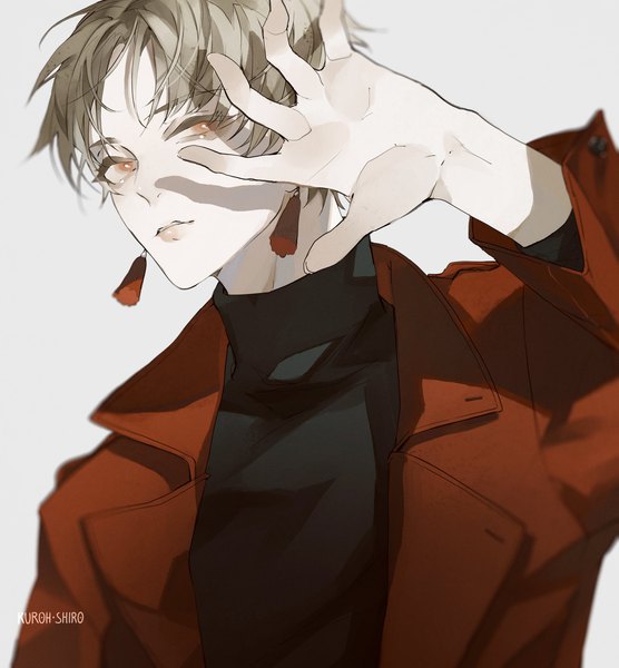 Anime picture 2500x2700 with original kamui (kurohshiro1) single tall image looking at viewer highres short hair simple background blonde hair red eyes signed upper body grey background boy earrings tassel turtleneck