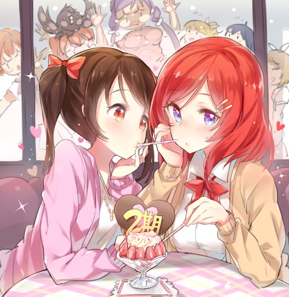 Anime picture 818x840 with love live! school idol project sunrise (studio) love live! nishikino maki yazawa nico toujou nozomi ayase eli sonoda umi kousaka honoka hoshizora rin koizumi hanayo yuran (cozyquilt) long hair tall image looking at viewer blush fringe short hair open mouth blonde hair