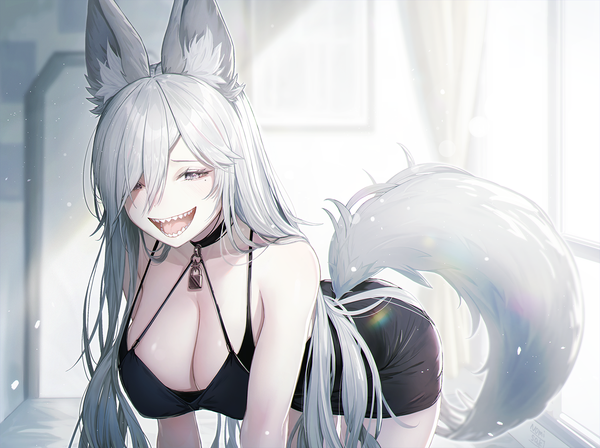 Anime-Bild 1500x1120 mit original amano misaki (artist) single long hair looking at viewer blush fringe breasts open mouth light erotic smile large breasts animal ears cleavage silver hair indoors tail :d animal tail sunlight