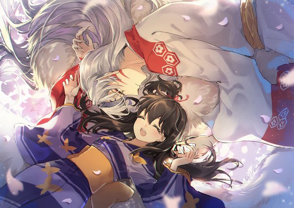 Anime picture 1200x848 with inuyasha sesshomaru rin (inuyasha) cat princess long hair black hair yellow eyes silver hair lying eyes closed traditional clothes japanese clothes profile one side up ^ ^ ^o^ girl boy petals obi