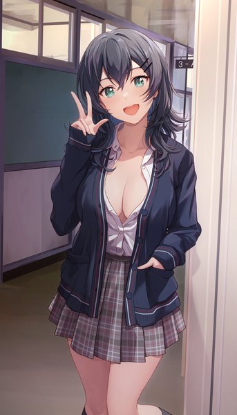 Anime picture 1637x2864 with kenzen kanojo uruka-chan uruka (kenzen kanojo uruka-chan) shamakho single long hair tall image looking at viewer fringe breasts open mouth light erotic black hair smile hair between eyes large breasts standing signed cleavage long sleeves head tilt