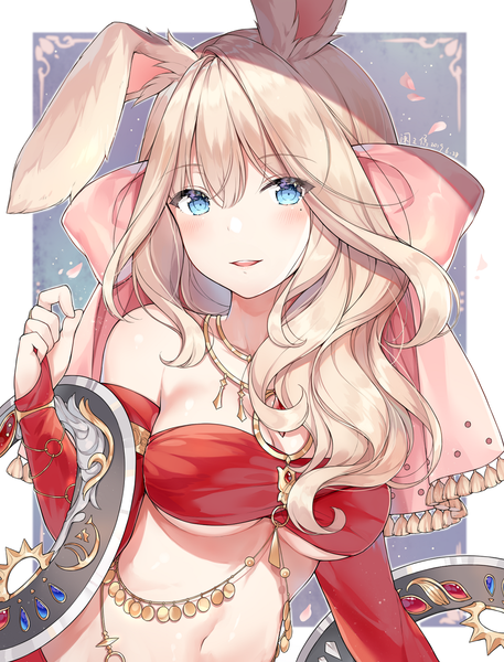 Anime picture 956x1254 with final fantasy final fantasy xiv square enix viera ayuanlv single long hair tall image looking at viewer blush fringe breasts open mouth blue eyes light erotic simple background blonde hair smile hair between eyes large breasts