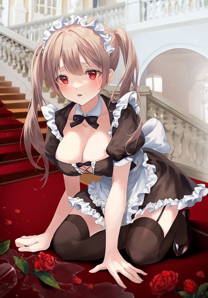 Anime picture 993x1421 with original heeri single long hair tall image looking at viewer blush fringe breasts open mouth light erotic red eyes brown hair large breasts twintails payot cleavage full body indoors blurry