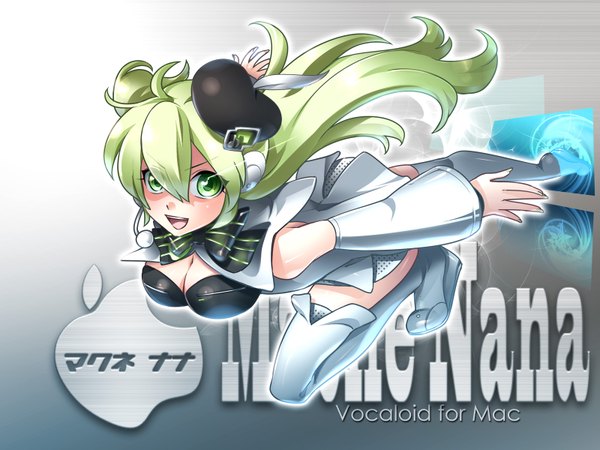 Anime picture 1600x1200 with vocaloid utau macne nana caffein single long hair open mouth green eyes green hair girl detached sleeves