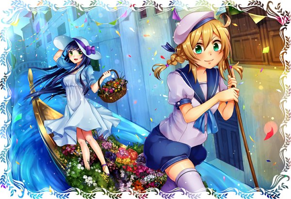 Anime picture 1135x780 with original makina (frog) long hair looking at viewer blush open mouth blonde hair smile twintails multiple girls green eyes blue hair braid (braids) river girl thighhighs dress flower (flowers) 2 girls hat