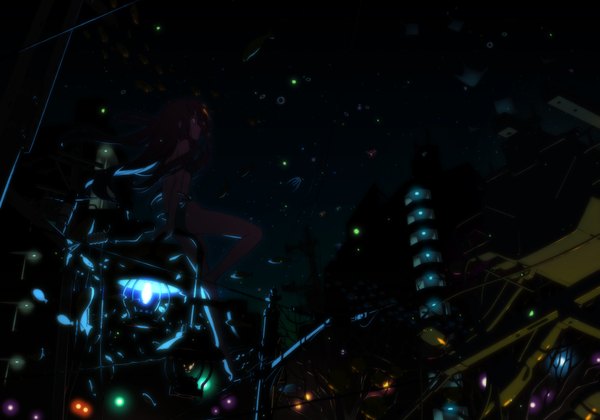 Аниме картинка 2000x1400 с оригинальное изображение shiwasu takashi один (одна) длинные волосы высокое разрешение каштановые волосы сидит профиль босиком ветер ночь пылает девушка купальник рыба (рыбы) фонарь лампа