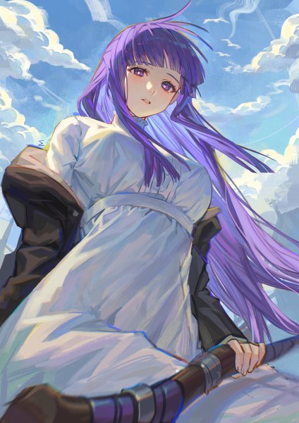 Anime picture 2480x3508 with sousou no frieren fern (sousou no frieren) cigma single long hair tall image looking at viewer fringe highres purple eyes sky purple hair cloud (clouds) outdoors blunt bangs from below girl dress white dress staff