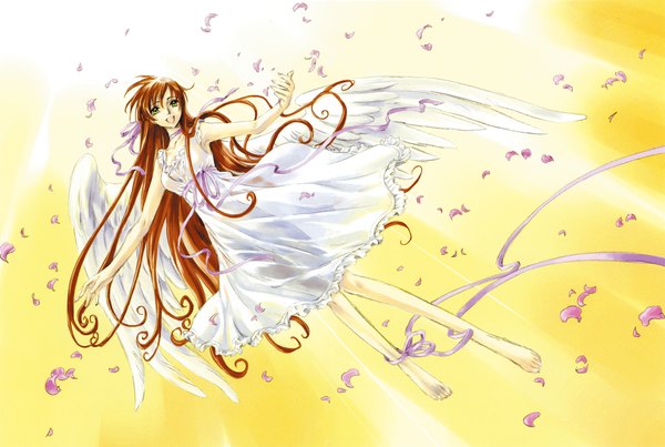 Anime picture 4707x3166 with code geass sunrise (studio) shirley fenette long hair highres open mouth smile brown hair green eyes absurdres light spread arms girl dress ribbon (ribbons) hair ribbon petals wings