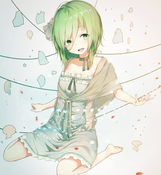 Anime picture 1518x1648 with vocaloid gumi la-na single tall image short hair open mouth smile sitting green eyes barefoot green hair girl dress hair ornament choker short dress