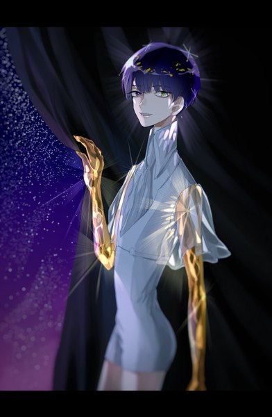 Anime picture 1338x2048 with houseki no kuni phosphophyllite phosphophyllite (ll) hana (kyonkyon999) single tall image looking at viewer short hair standing purple hair sparkle heterochromia letterboxed androgynous spoilers uniform star (stars) curtains transparent clothing