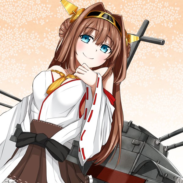 Anime picture 1600x1600 with kantai collection kongou battleship suto (iamsuto) single long hair looking at viewer blush blue eyes smile brown hair nontraditional miko girl hair ornament weapon detached sleeves hairband