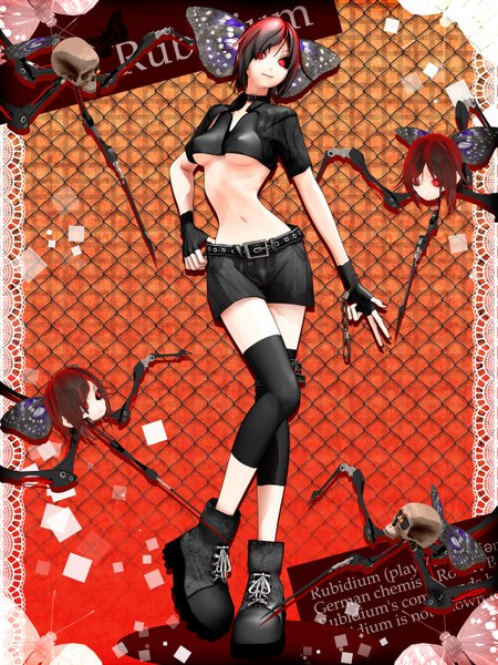 Anime picture 1125x1500 with vocaloid bacterial contamination (vocaloid) tall image short hair light erotic red eyes red hair midriff insect wings butterfly wings girl gloves navel miniskirt wings boots fingerless gloves skull