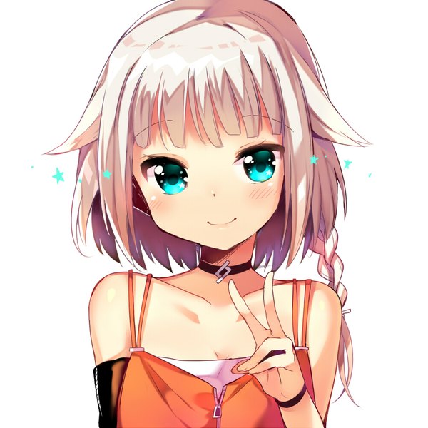 Anime picture 1000x1000 with cevio one (cevio) ikari (aor3507) single looking at viewer blush fringe short hair simple background smile white background bare shoulders silver hair upper body braid (braids) aqua eyes single braid victory side braid girl