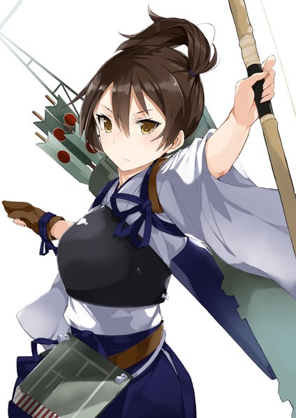 Anime picture 600x848 with kantai collection kaga aircraft carrier akiha (attract) single tall image looking at viewer blush fringe short hair simple background brown hair white background brown eyes traditional clothes japanese clothes short sleeves outstretched arm side ponytail girl gloves