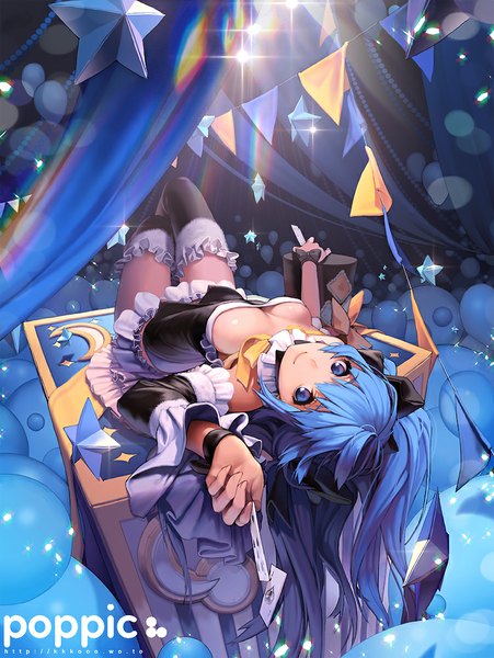 Anime picture 752x1000 with original kkuem single long hair tall image looking at viewer breasts blue eyes light erotic smile blue hair girl thighhighs dress bow black thighhighs hair bow detached sleeves frills card (cards)