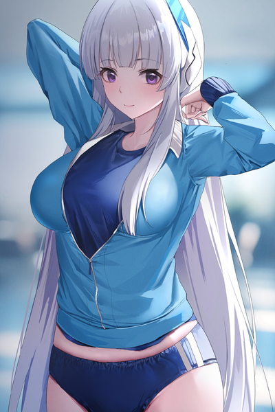 Anime picture 1888x2829 with blue archive noa (blue archive) po ppe single tall image looking at viewer blush fringe highres breasts light erotic smile large breasts standing purple eyes silver hair long sleeves very long hair blurry arms up