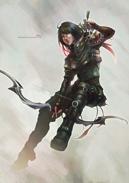 Anime picture 2480x3508 with original monori rogue single long hair tall image highres red eyes multicolored hair lips two-tone hair girl weapon boots clothes bow (weapon) arrow (arrows)
