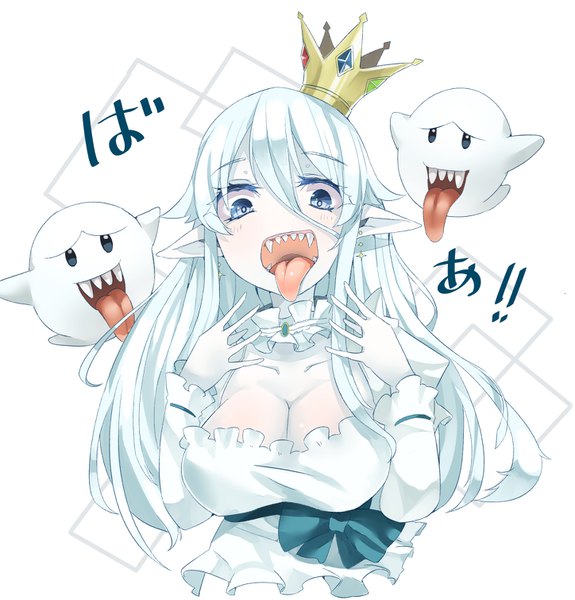 Anime picture 1447x1510 with super mario bros. new super mario bros. u deluxe princess king boo boo (mario) yunekoko single long hair tall image fringe open mouth blue eyes light erotic hair between eyes white background cleavage upper body white hair pointy ears teeth sharp teeth
