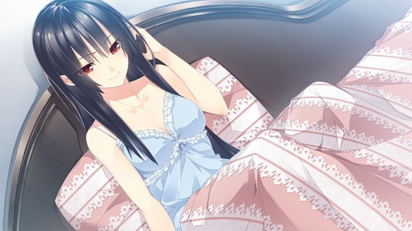 Anime picture 1280x720 with yume ka utsutsu ka matryoshka houri miyako single long hair black hair smile red eyes wide image game cg girl pillow bed