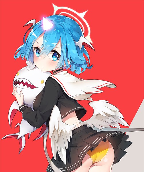 Anime picture 700x835 with re:zero kara hajimeru isekai seikatsu white fox rem (re:zero) hakugei (re:zero) ayami (annahibi) single tall image blush fringe short hair blue eyes light erotic simple background hair between eyes holding blue hair looking away ass looking back horn (horns)