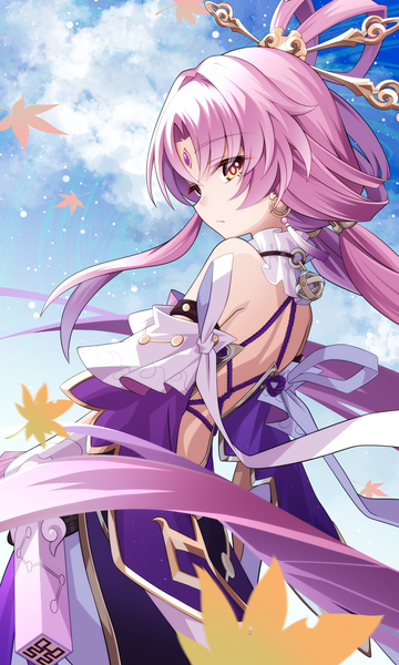 Anime picture 1800x3000 with honkai: star rail honkai (series) fu xuan (honkai: star rail) akizawa single long hair tall image blush highres standing twintails brown eyes looking away pink hair sky cloud (clouds) outdoors from behind low twintails back